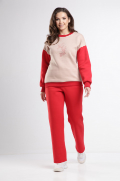 Бежевый и красный трикотажный спортивный костюм свитшот и брюки Takka Plus 24-248 - фото 3