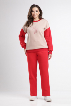 Бежевый и красный трикотажный спортивный костюм свитшот и брюки Takka Plus 24-248 - фото 2