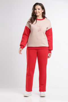 Бежевый и красный трикотажный спортивный костюм свитшот и брюки Takka Plus 24-248 - фото 1