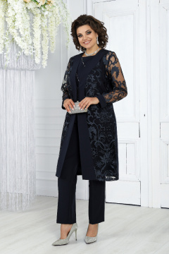 Нарядный брючный комплект с кардиганом и блузкой из кружевных тканей Ninele 6038 синий - фото 1