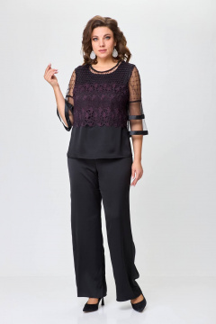Черный брючный костюм с блузой и топом из текстиля и шифона Solomeya Lux 960А - фото 4