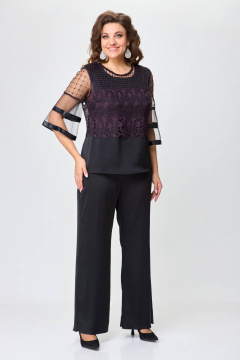 Черный брючный костюм с блузой и топом из текстиля и шифона Solomeya Lux 960А - фото 1