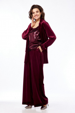 Костюм 3-ка из бархата: жакет, брюки и майка Диомант 2026 бордо - фото 2