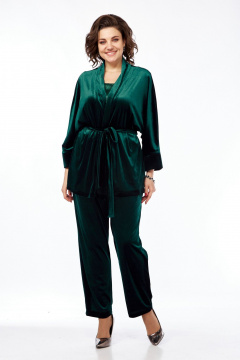 Костюм 3-ка из бархата: жакет-кимоно и свободные брюки Диомант 2028 зелень - фото 2