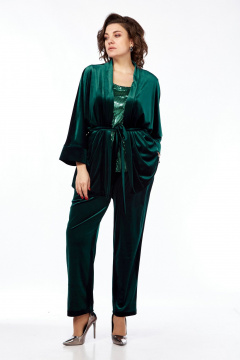 Костюм 3-ка из бархата: жакет-кимоно и свободные брюки Диомант 2028 зелень - фото 1