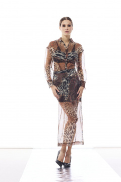 Элегантный комплект из блузы и юбки из органзы DAVA 2223 коричневый - фото 1