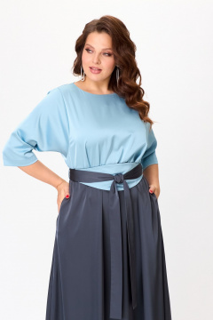 Нарядное платье макси из атласа с поясом кушак ANASTASIA MAK 1229 голубой+графит - фото 4