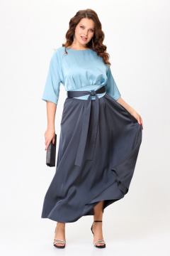 Нарядное платье макси из атласа с поясом кушак ANASTASIA MAK 1229 голубой+графит - фото 2