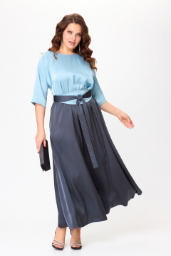 Нарядное платье макси из атласа с поясом кушак ANASTASIA MAK 1229 голубой+графит - фото 1