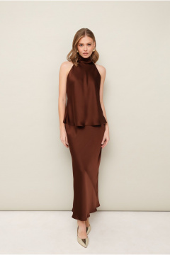 Коричневый комплект из блузки и юбки с матовым блеском PUR PUR 11-322 - фото 1