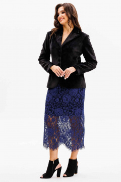 Стильный нарядный комплект жакета и юбки из бархата и кружева Mislana 1171 черный/синий - фото 1