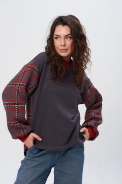 Джемпер из трикотажа в клетку с съемной брошью и свободным кроем HIT 2014/1 графит,бордо - фото 1