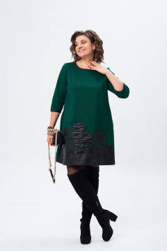 Платье трапециевидное с вышивкой из эко кожи Michel chic 2140 изумрудный - фото 4