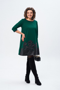 Платье трапециевидное с вышивкой из эко кожи Michel chic 2140 изумрудный - фото 2