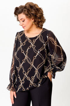Шифоновая блузка А-силуэта с нагрудными выточками Swallow 803 чёрный,принт"цепи" - фото 1