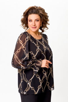 Шифоновая блузка А-силуэта с нагрудными выточками Swallow 803 чёрный,принт"цепи" - фото 2
