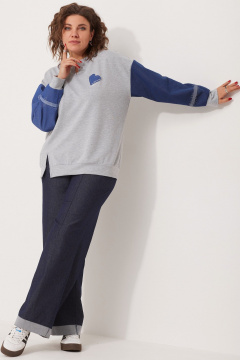 Свободный свитшот спорт-шик из трикотажа с джинсовыми вставками BegiModa 4111 серый - фото 2