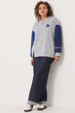 Свободный свитшот спорт-шик из трикотажа с джинсовыми вставками BegiModa 4111 серый - фото 1