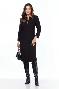 Платье зауженное к низу с рубашечным воротником Vilena 1021 черный-леопард - фото 1