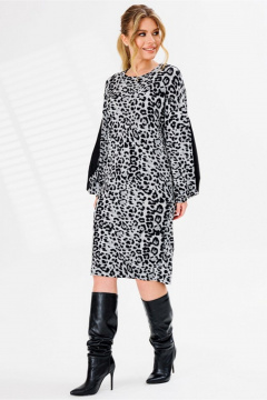 Теплое трикотажное платье с длинным рукавом и вставками Faufilure C1671 леопард_серый - фото 1