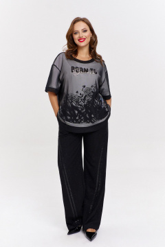 Черный двухслойный оверсайз джемпер с вышивкой и сеткой AVE RARA 2212 черно-белый - фото 2