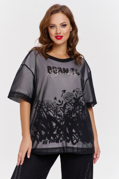 Черный двухслойный оверсайз джемпер с вышивкой и сеткой AVE RARA 2212 черно-белый - фото 1