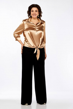 Бежевый атласный блузочный топ длиной 65 см Ольга Стиль С-878 платиновый - фото 3