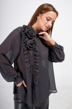 Круглогодичная изящная блузка из шифона с воланами и стойкой Condra 16263 темный серый - фото 5