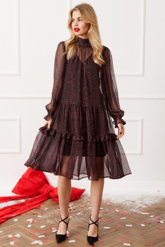 Платье из шифона с воланами и сборками, демисезон Lokka 1544 черный_красный_принт - фото 1