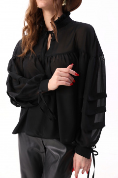 Черная шифоновая блуза с кокетками и рюшами NikVa 414-3 чёрный - фото 3