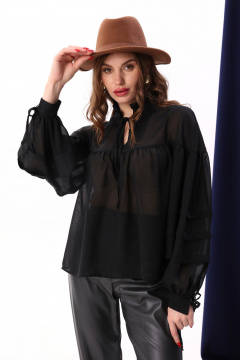 Черная шифоновая блуза с кокетками и рюшами NikVa 414-3 чёрный - фото 4