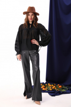 Черная шифоновая блуза с кокетками и рюшами NikVa 414-3 чёрный - фото 5