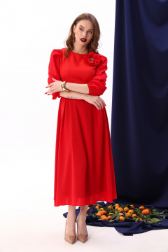 Красное миди-платье с складками и брошей NikVa 416-6 красный - фото 2