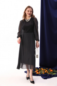 Платье миди на каждый день из шифона и текстиля NikVa 416-7 чёрный+белый горошек - фото 5