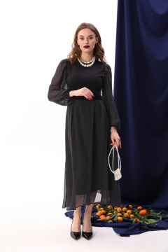 Платье миди на каждый день из шифона и текстиля NikVa 416-7 чёрный+белый горошек - фото 1
