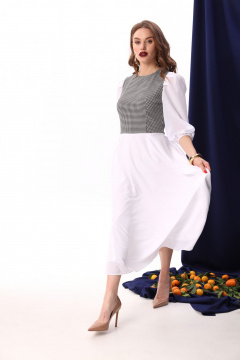 Платье миди из шифона в нарядном стиле для демисезона NikVa 416-8 белый+чёрно-белая гус лапка - фото 5