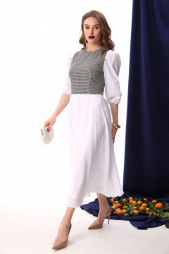 Платье миди из шифона в нарядном стиле для демисезона NikVa 416-8 белый+чёрно-белая гус лапка - фото 4