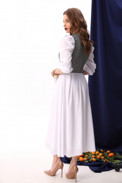 Платье миди из шифона в нарядном стиле для демисезона NikVa 416-8 белый+чёрно-белая гус лапка - фото 3