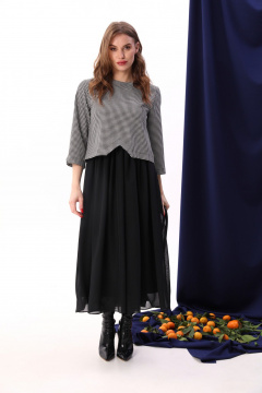 Двухцветное макси-платье из текстиля и шифона с драпировкой NikVa 740-10 чёрный+чёрно-белая гус лапка - фото 5