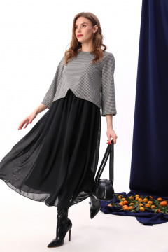 Двухцветное макси-платье из текстиля и шифона с драпировкой NikVa 740-10 чёрный+чёрно-белая гус лапка - фото 4