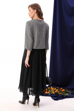 Двухцветное макси-платье из текстиля и шифона с драпировкой NikVa 740-10 чёрный+чёрно-белая гус лапка - фото 3