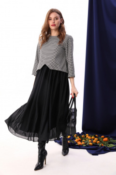 Двухцветное макси-платье из текстиля и шифона с драпировкой NikVa 740-10 чёрный+чёрно-белая гус лапка - фото 2