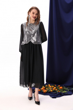 Платье макси с пайетками и комбинированным лифом NikVa 740-8 чёрный+серебро - фото 2