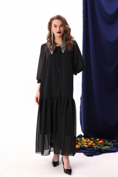 Платье из шифона с воланом и двухслойным фасоном NikVa 800-3 чёрный+серебро - фото 1