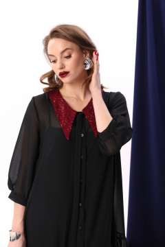 Платье из шифона с воланом и двойной моделью NikVa 800-4 чёрный+винный - фото 3