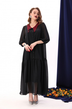 Платье из шифона с воланом и двойной моделью NikVa 800-4 чёрный+винный - фото 2