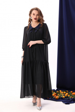 Платье макси с воланом из шифона и двухслойной конструкцией NikVa 800-5 чёрный+индиго - фото 1