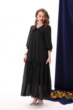 Платье макси с воланом из шифона и двухслойной конструкцией NikVa 800-5 чёрный+индиго - фото 4