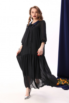 Платье макси с воланом из шифона и двухслойной конструкцией NikVa 800-5 чёрный+индиго - фото 3