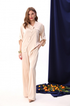 Костюм бежевый из атласа: жакет и брюки с асимметричным низом NikVa 901-2 крем-брюле - фото 1